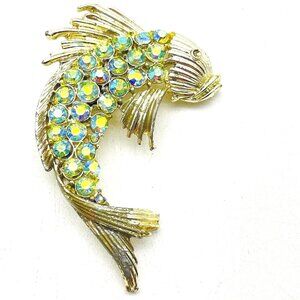 Vintage Aurora Borealis Koi Fish Pin Silver Tone Blue Green Beach Coastal Island